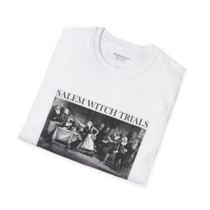 Salem Witch Trials Graphic T-Shirt — Historical Black and White Courtroom Design